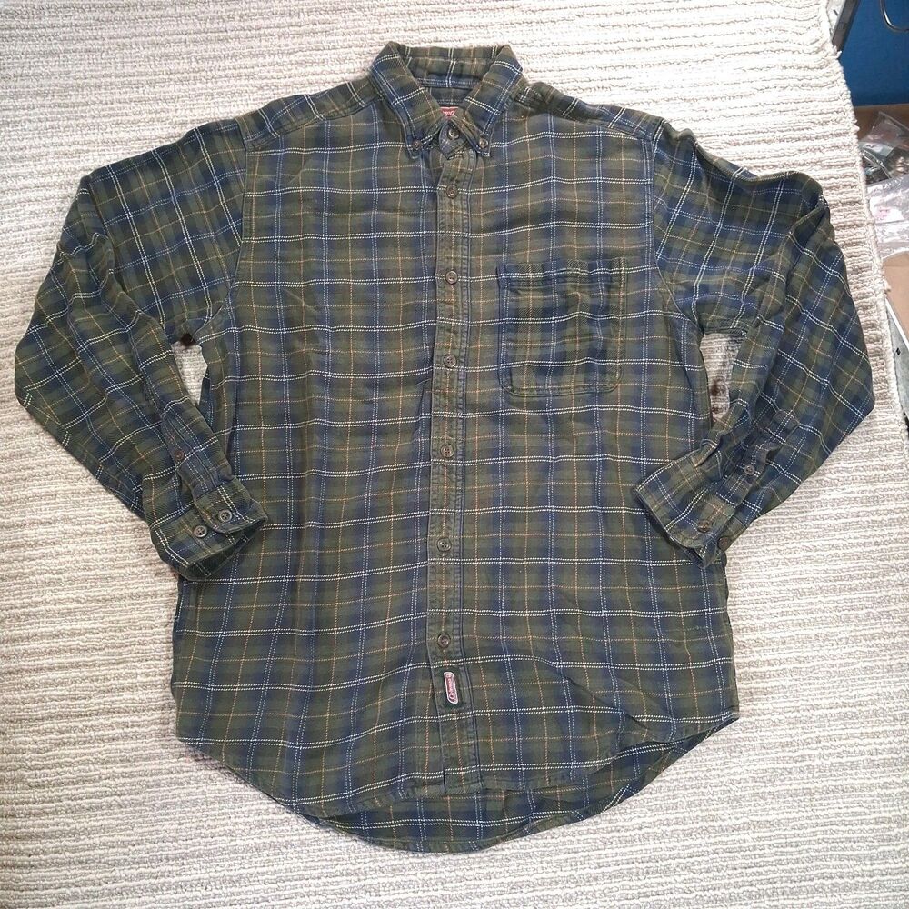 Coleman Mens Flannel Shirt Medium Green Blue Plaid Cotton Long Sleeve Button Dow